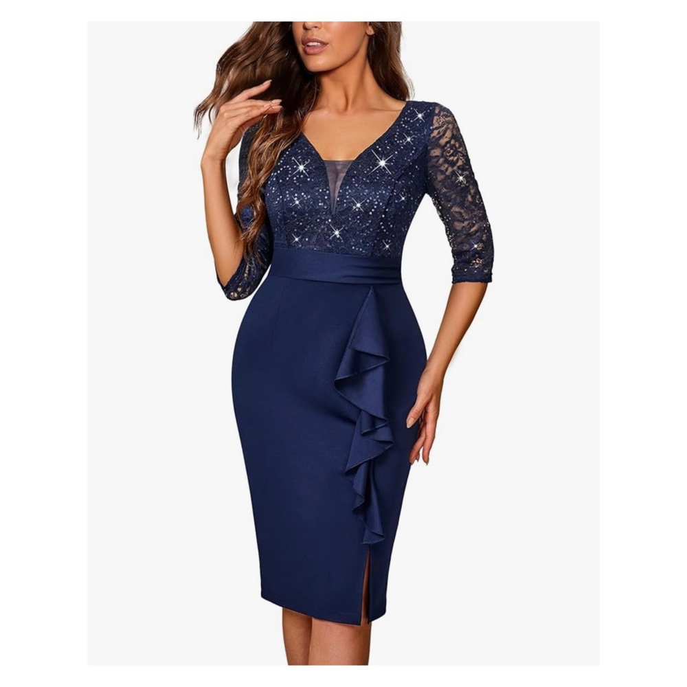 NWOT Elegant Navy Blue Lace V-neck Dress with Ruffle Detail